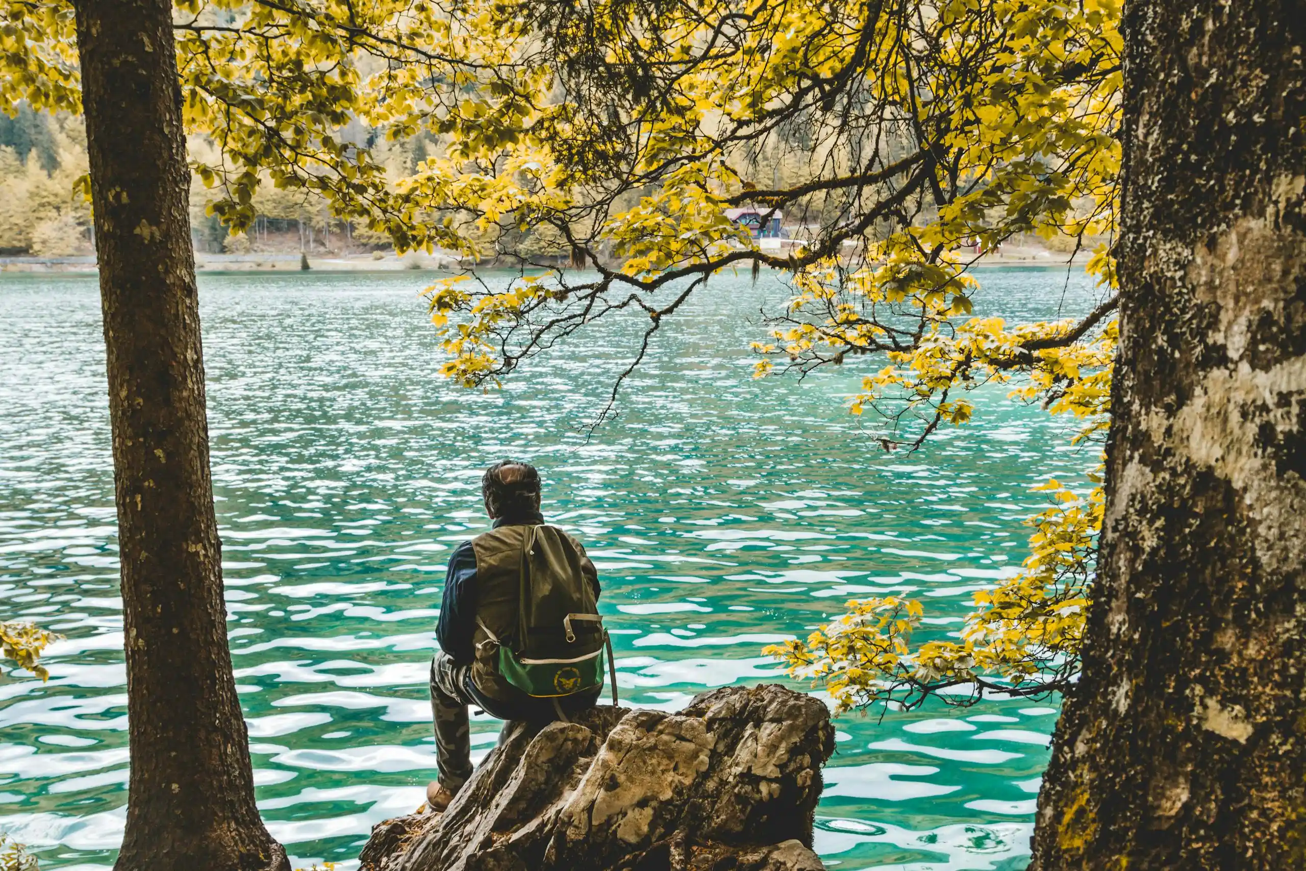 person sitting on rocks next to a river