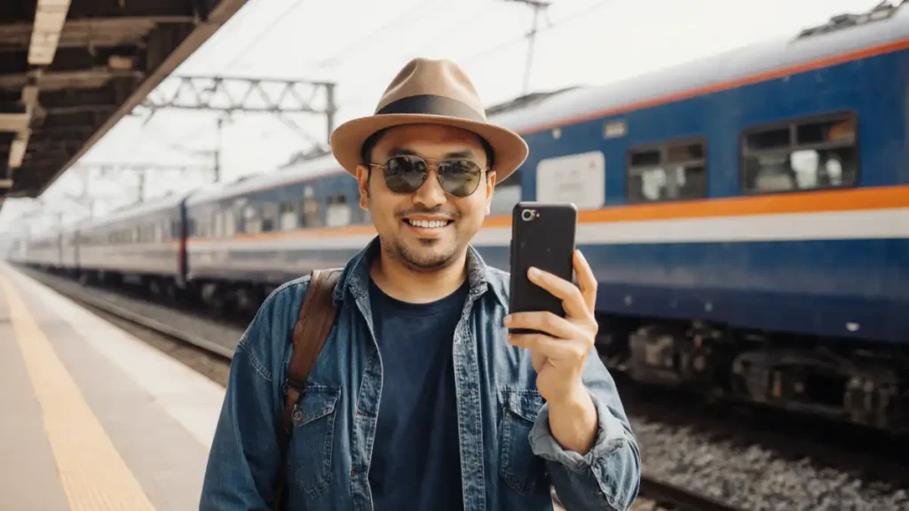 traveler calling his friends in train station