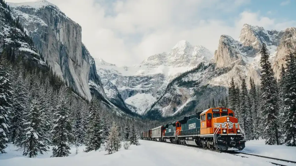 train crossing snow and mountains